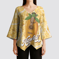 Hawaiian Mango Ukulele Kimono Sleeve Blouse Retro Yellow Hibiscus Pikake Lei