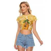 Hawaiian Mango Ukulele Raglan Cropped T Shirt Retro Yellow Hibiscus Pikake Lei