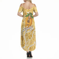 Hawaiian Mango Ukulele Summer Maxi Dress Retro Yellow Hibiscus Pikake Lei