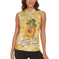 Hawaiian Mango Ukulele Women Sleeveless Polo Shirt Retro Yellow Hibiscus Pikake Lei