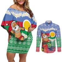 Personalised Shefa Joyeux Noel Couples Matching Off Shoulder Short Dress and Long Sleeve Button Shirt Proud To Be a Ni-Van Sand Drawing Art LT9 Blue - Polynesian Pride