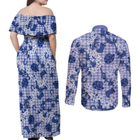 Mokihana Maile Ilima Leis Paniolo Palaka Couples Matching Off Shoulder Maxi Dress and Long Sleeve Button Shirt Hawaiian Polu Spirit - Polynesian Pride