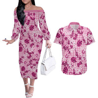 Mokihana Maile Ilima Leis Paniolo Palaka Couples Matching Off The Shoulder Long Sleeve Dress and Hawaiian Shirt Hawaiian Omaomo Ulaula Spirit - Polynesian Pride