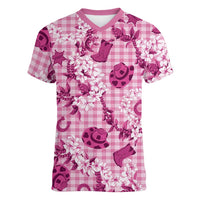 Mokihana Maile Ilima Leis Paniolo Palaka Women V-Neck T-Shirt Hawaiian Omaomo Ulaula Spirit - Polynesian Pride