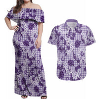 Mokihana Maile Ilima Leis Paniolo Palaka Couples Matching Off Shoulder Maxi Dress and Hawaiian Shirt Hawaiian Poni Spirit - Polynesian Pride