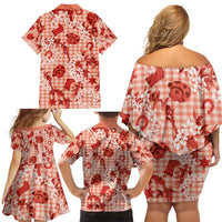 Mokihana Maile Ilima Leis Paniolo Palaka Family Matching Off Shoulder Short Dress and Hawaiian Shirt Hawaiian Ulaula Spirit - Polynesian Pride