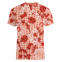 Mokihana Maile Ilima Leis Paniolo Palaka Women V-Neck T-Shirt Hawaiian Ulaula Spirit - Polynesian Pride