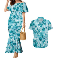 Mokihana Maile Ilima Leis Paniolo Palaka Couples Matching Mermaid Dress and Hawaiian Shirt Hawaiian Polu Opa Spirit LT9 Turquoise - Polynesian Pride