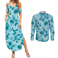 Mokihana Maile Ilima Leis Paniolo Palaka Couples Matching Summer Maxi Dress and Long Sleeve Button Shirt Hawaiian Polu Opa Spirit - Polynesian Pride