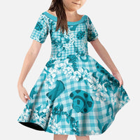 Mokihana Maile Ilima Leis Paniolo Palaka Family Matching Summer Maxi Dress and Hawaiian Shirt Hawaiian Polu Opa Spirit LT9 Daughter's Dress Turquoise - Polynesian Pride