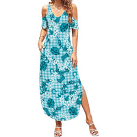 Mokihana Maile Ilima Leis Paniolo Palaka Family Matching Summer Maxi Dress and Hawaiian Shirt Hawaiian Polu Opa Spirit LT9 Turquoise - Polynesian Pride