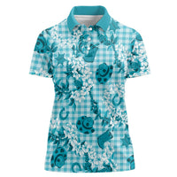 Mokihana Maile Ilima Leis Paniolo Palaka Women Polo Shirt Hawaiian Polu Opa Spirit LT9 Female Turquoise - Polynesian Pride