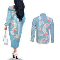 Blue Hawaii Anthurium Plumeria Lei Couples Matching Off The Shoulder Long Sleeve Dress and Long Sleeve Button Shirt