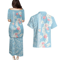 Blue Hawaii Anthurium Plumeria Lei Couples Matching Puletasi and Hawaiian Shirt