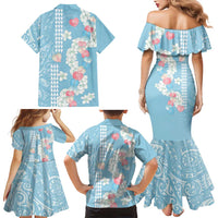 Blue Hawaii Anthurium Plumeria Lei Family Matching Mermaid Dress and Hawaiian Shirt
