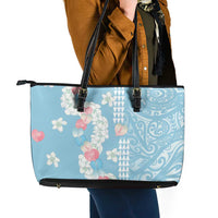 Blue Hawaii Anthurium Plumeria Lei Leather Tote Bag