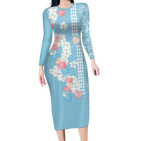 Blue Hawaii Anthurium Plumeria Lei Long Sleeve Bodycon Dress LT9 Long Dress Blue - Polynesian Pride