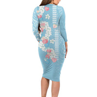 Blue Hawaii Anthurium Plumeria Lei Long Sleeve Bodycon Dress LT9 - Polynesian Pride