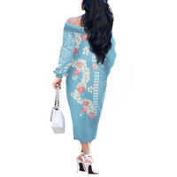 Blue Hawaii Anthurium Plumeria Lei Off The Shoulder Long Sleeve Dress LT9 - Polynesian Pride