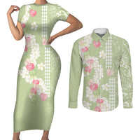 Leaf Green Hawaii Anthurium Plumeria Lei Couples Matching Short Sleeve Bodycon Dress and Long Sleeve Button Shirt LT9 Green - Polynesian Pride