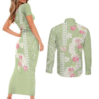 Leaf Green Hawaii Anthurium Plumeria Lei Couples Matching Short Sleeve Bodycon Dress and Long Sleeve Button Shirt LT9 - Polynesian Pride