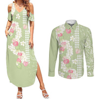 Leaf Green Hawaii Anthurium Plumeria Lei Couples Matching Summer Maxi Dress and Long Sleeve Button Shirt