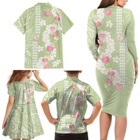 Leaf Green Hawaii Anthurium Plumeria Lei Family Matching Long Sleeve Bodycon Dress and Hawaiian Shirt LT9 - Polynesian Pride