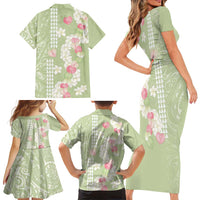 Leaf Green Hawaii Anthurium Plumeria Lei Family Matching Short Sleeve Bodycon Dress and Hawaiian Shirt