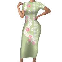 Leaf Green Hawaii Anthurium Plumeria Lei Family Matching Short Sleeve Bodycon Dress and Hawaiian Shirt