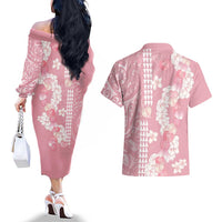 Soft Pink Hawaii Anthurium Plumeria Lei Couples Matching Off The Shoulder Long Sleeve Dress and Hawaiian Shirt LT9 - Polynesian Pride