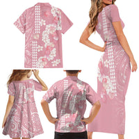 Soft Pink Hawaii Anthurium Plumeria Lei Family Matching Short Sleeve Bodycon Dress and Hawaiian Shirt