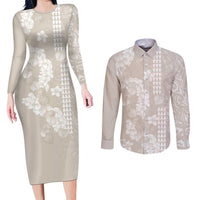 Suede Beige Hawaii Anthurium Plumeria Lei Couples Matching Long Sleeve Bodycon Dress and Long Sleeve Button Shirt LT9 Beige - Polynesian Pride