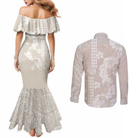 Suede Beige Hawaii Anthurium Plumeria Lei Couples Matching Mermaid Dress and Long Sleeve Button Shirt LT9 - Polynesian Pride