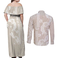 Suede Beige Hawaii Anthurium Plumeria Lei Couples Matching Off Shoulder Maxi Dress and Long Sleeve Button Shirt