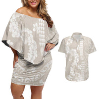 Suede Beige Hawaii Anthurium Plumeria Lei Couples Matching Off Shoulder Short Dress and Hawaiian Shirt