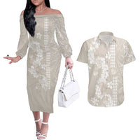 Suede Beige Hawaii Anthurium Plumeria Lei Couples Matching Off The Shoulder Long Sleeve Dress and Hawaiian Shirt LT9 Beige - Polynesian Pride