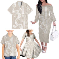 Suede Beige Hawaii Anthurium Plumeria Lei Family Matching Off The Shoulder Long Sleeve Dress and Hawaiian Shirt