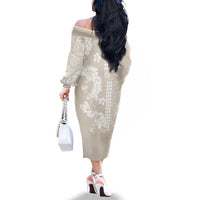 Suede Beige Hawaii Anthurium Plumeria Lei Family Matching Off The Shoulder Long Sleeve Dress and Hawaiian Shirt