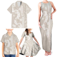 Suede Beige Hawaii Anthurium Plumeria Lei Family Matching Tank Maxi Dress and Hawaiian Shirt