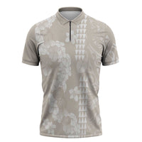 Suede Beige Hawaii Anthurium Plumeria Lei Zipper Polo Shirt LT9 Beige - Polynesian Pride