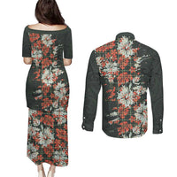 Hawaii Tartan With Hibiscus Couples Matching Puletasi and Long Sleeve Button Shirt Polynesian Pattern Vintage