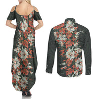 Hawaii Tartan With Hibiscus Couples Matching Summer Maxi Dress and Long Sleeve Button Shirt Polynesian Pattern Vintage