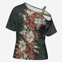 Hawaii Tartan With Hibiscus Cross Shoulder Shirt Polynesian Pattern Vintage LT9 Female Dark Green - Polynesian Pride