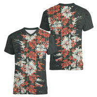 Hawaii Tartan With Hibiscus Women V-Neck T-Shirt Polynesian Pattern Vintage