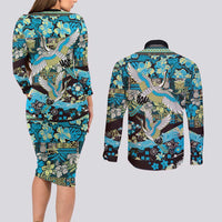 Japanese Hawaiian Crane Couples Matching Long Sleeve Bodycon Dress and Long Sleeve Button Shirt Blue Tapa Patchwork Pattern