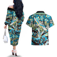 Japanese Hawaiian Crane Couples Matching Off The Shoulder Long Sleeve Dress and Hawaiian Shirt Blue Tapa Patchwork Pattern