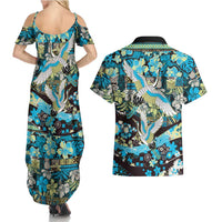 Japanese Hawaiian Crane Couples Matching Summer Maxi Dress and Hawaiian Shirt Blue Tapa Patchwork Pattern