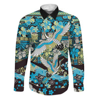 Japanese Hawaiian Crane Family Matching Mermaid Dress and Hawaiian Shirt Blue Tapa Patchwork Pattern