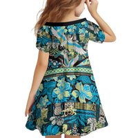 Japanese Hawaiian Crane Family Matching Puletasi and Hawaiian Shirt Blue Tapa Patchwork Pattern
