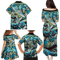 Japanese Hawaiian Crane Family Matching Puletasi and Hawaiian Shirt Blue Tapa Patchwork Pattern